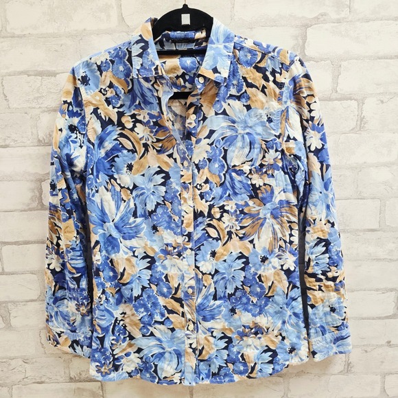 J.McLaughlin Tops - J.McLaughlin XS Blue Tan Floral Button Down Shirt Long Sleeve Cotton Blend